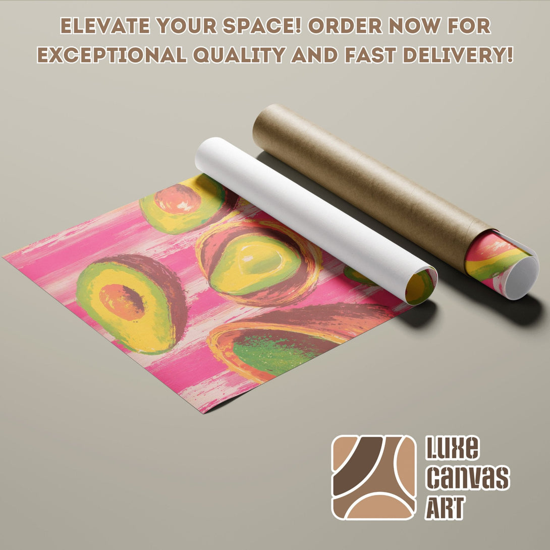Poster Roll featuring avocado art, vibrant pink and green palette, perfect wall decor.