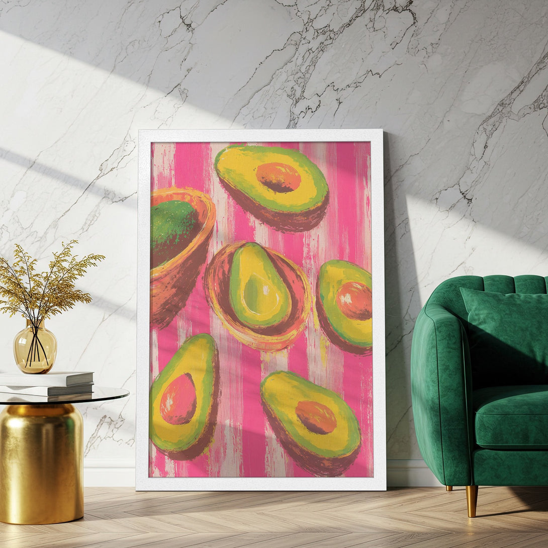 Framed Poster featuring vibrant avocado art in a modern, colorful style. Pink, green, and yellow color palette. Perfect wall decor!
