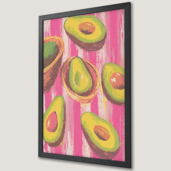 Framed Poster featuring vibrant avocado art in a bold, brushstroke style with a pink and green color palette. Perfect kitchen decor!