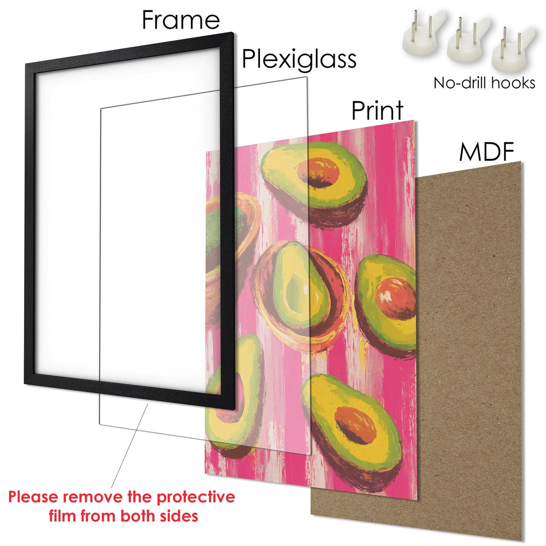 Framed Poster featuring colorful avocado art in a vibrant pink and green palette. Perfect wall decor for your kitchen or dining room!