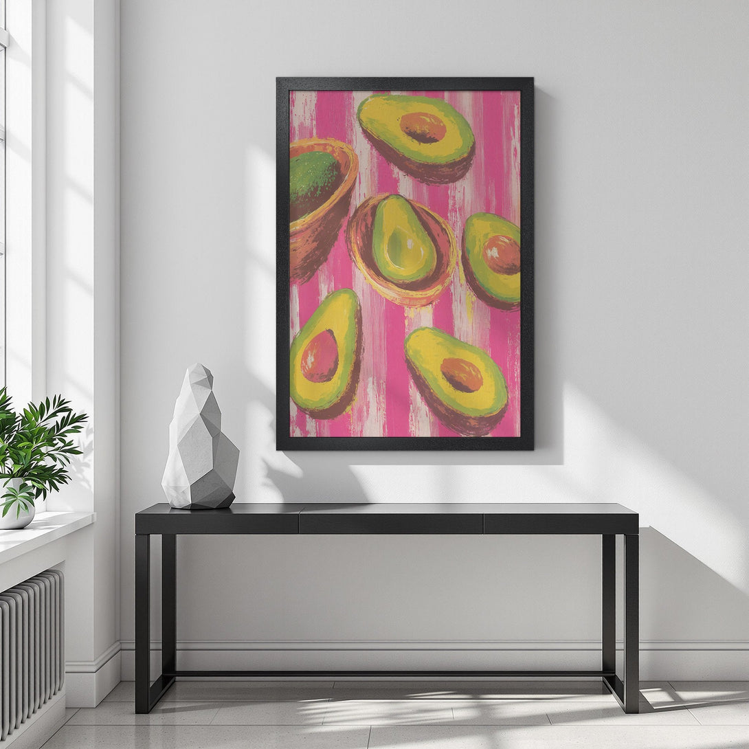 Framed Poster featuring vibrant avocado art in a modern style with pink, green, and yellow hues. Perfect kitchen decor!