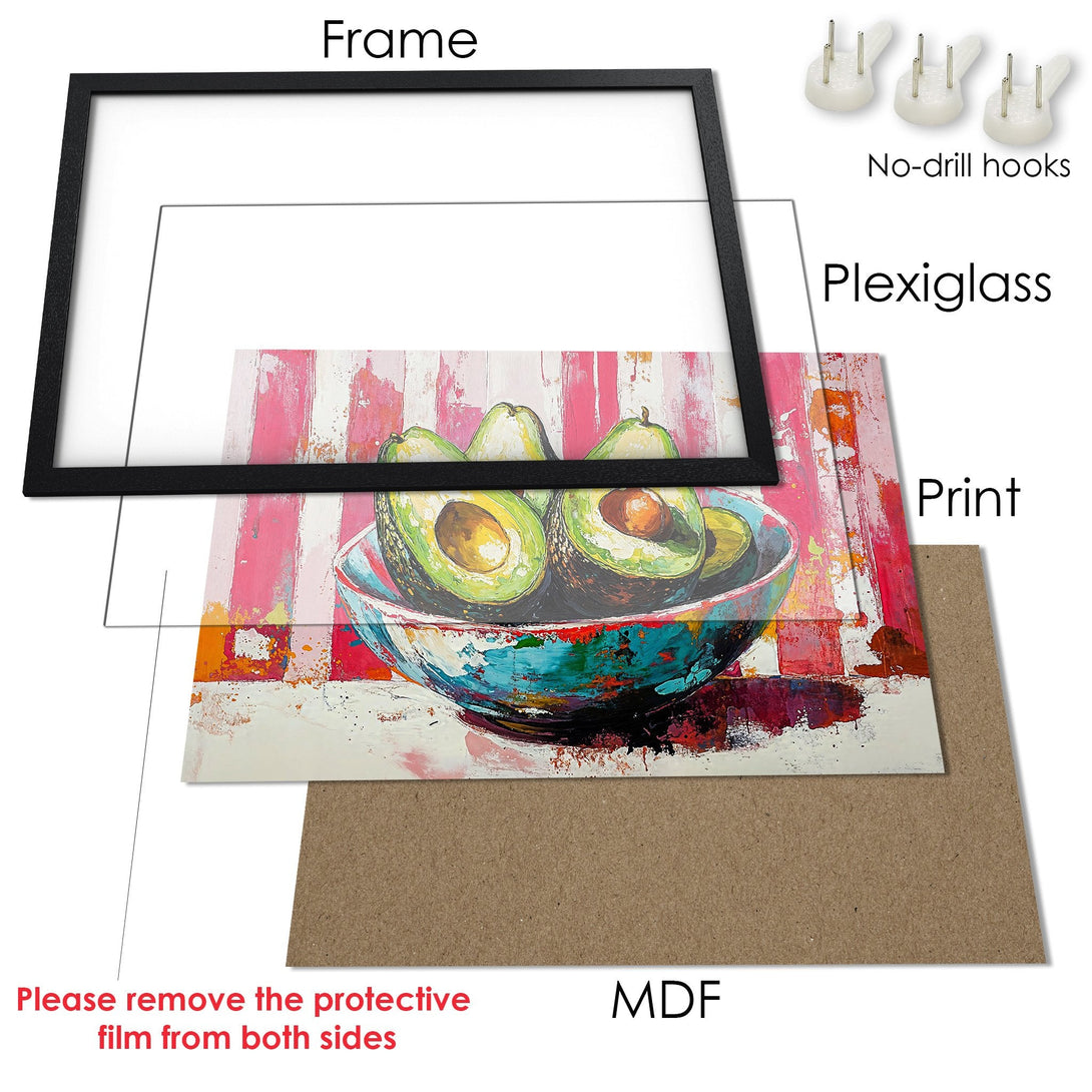 Framed Poster featuring a vibrant avocado still life. Modern art style with a colorful palette of pinks, greens, and blues. Perfect wall decor!