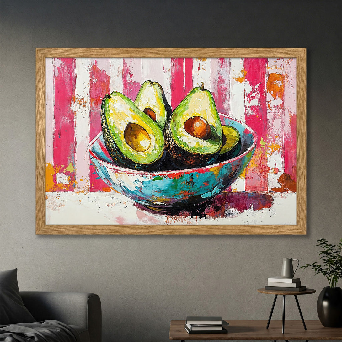 Framed Poster of avocado halves in a bowl, vibrant abstract style with pink, green, and blue color palette.