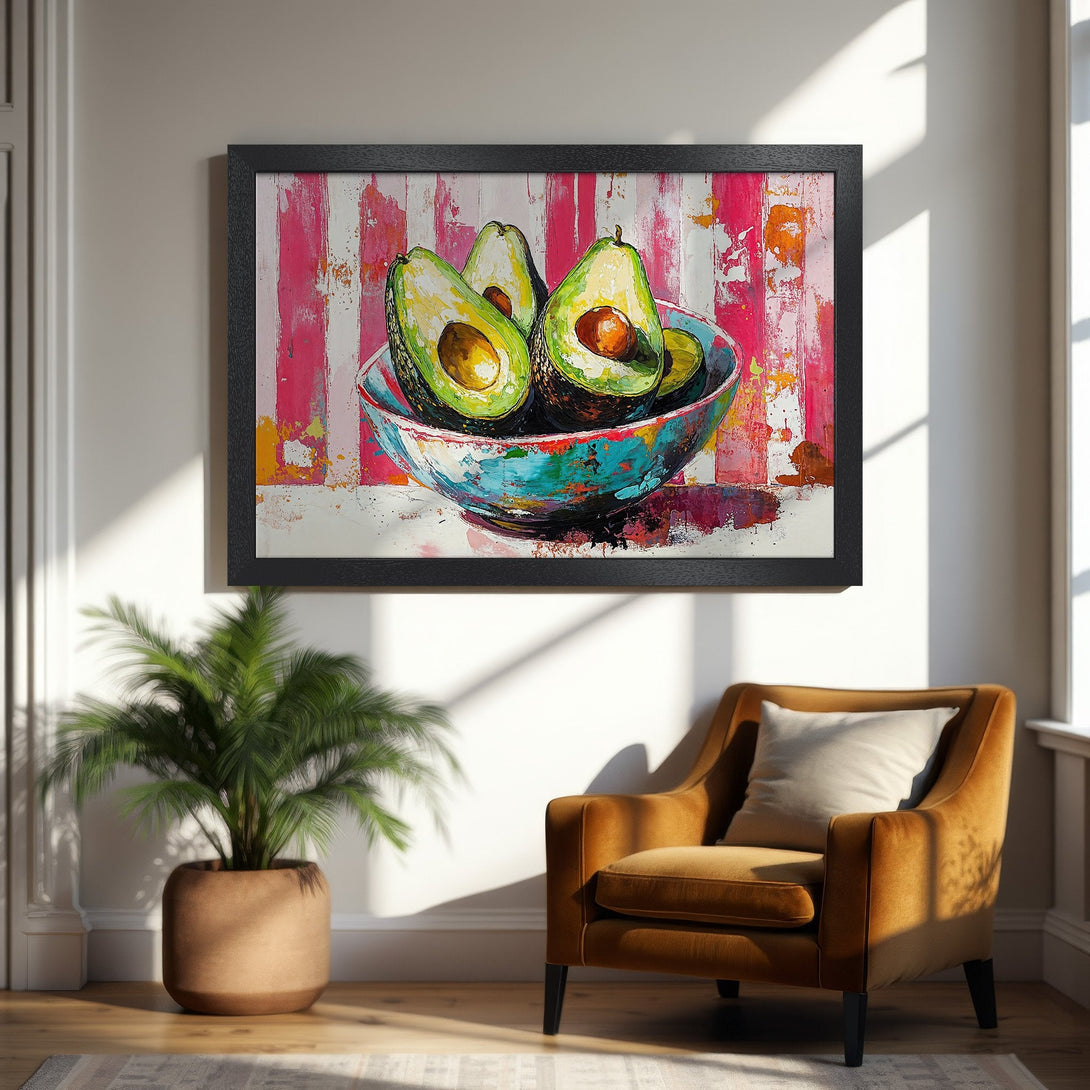 Framed Poster featuring a vibrant avocado still life painting with a colorful, textured style and a warm, inviting color palette.