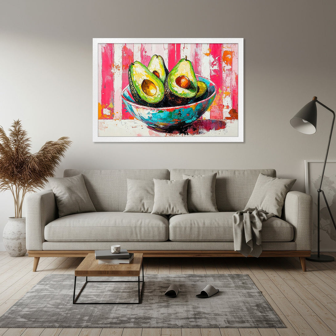 Framed Poster featuring vibrant avocado art in a modern, abstract style with a colorful palette. Perfect wall decor!