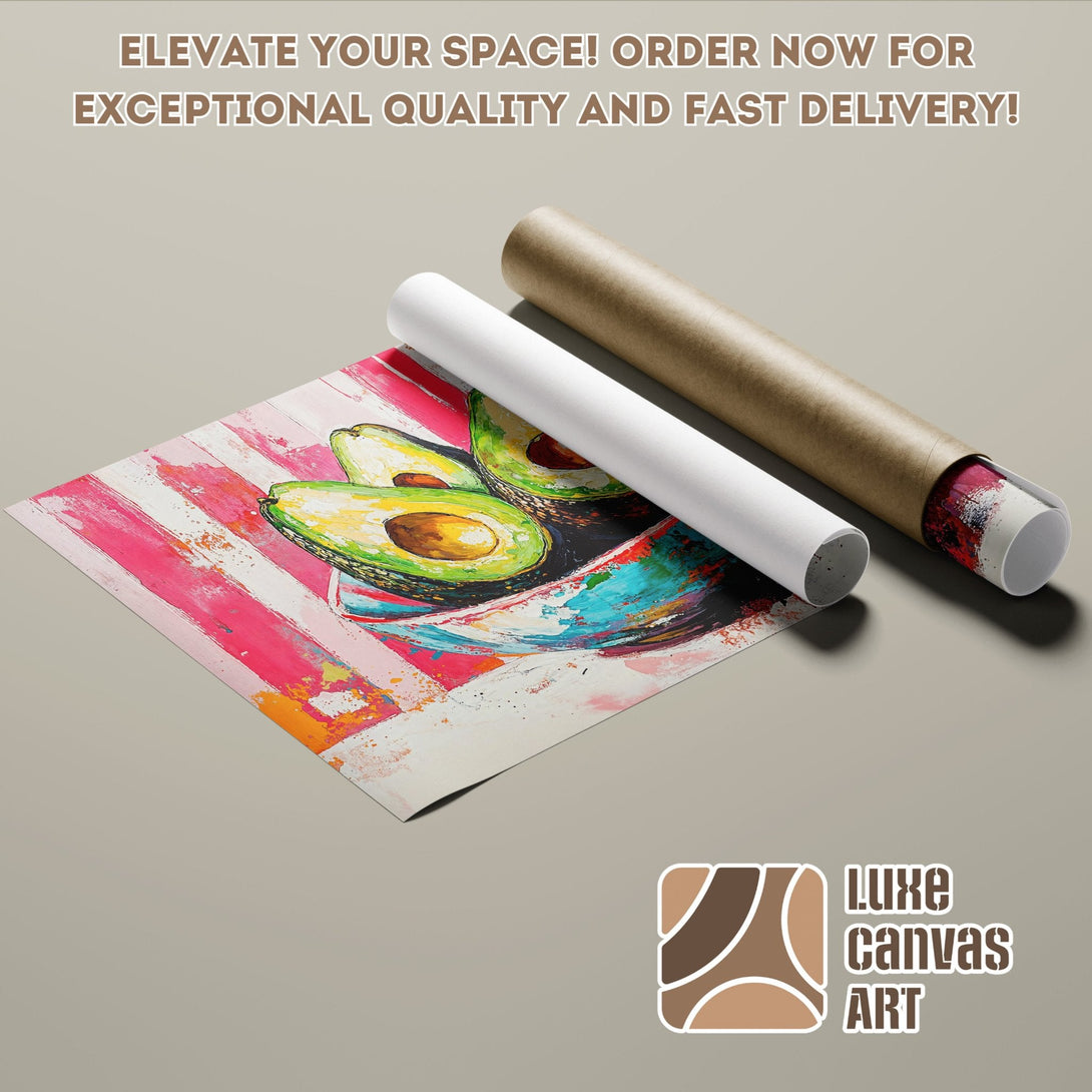 Avocado art poster roll. Abstract style with pink, green, and blue colors. Order your art today!