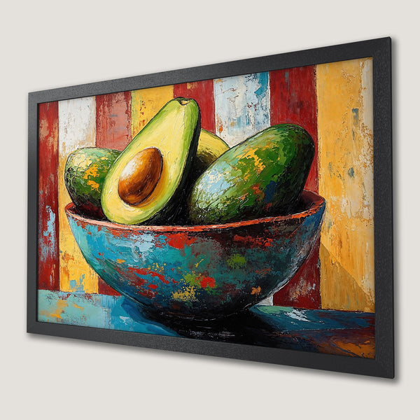 Framed Poster of avocados in a bowl. Bold, colorful oil painting style with a vibrant red, yellow, and blue palette. Perfect kitchen art!