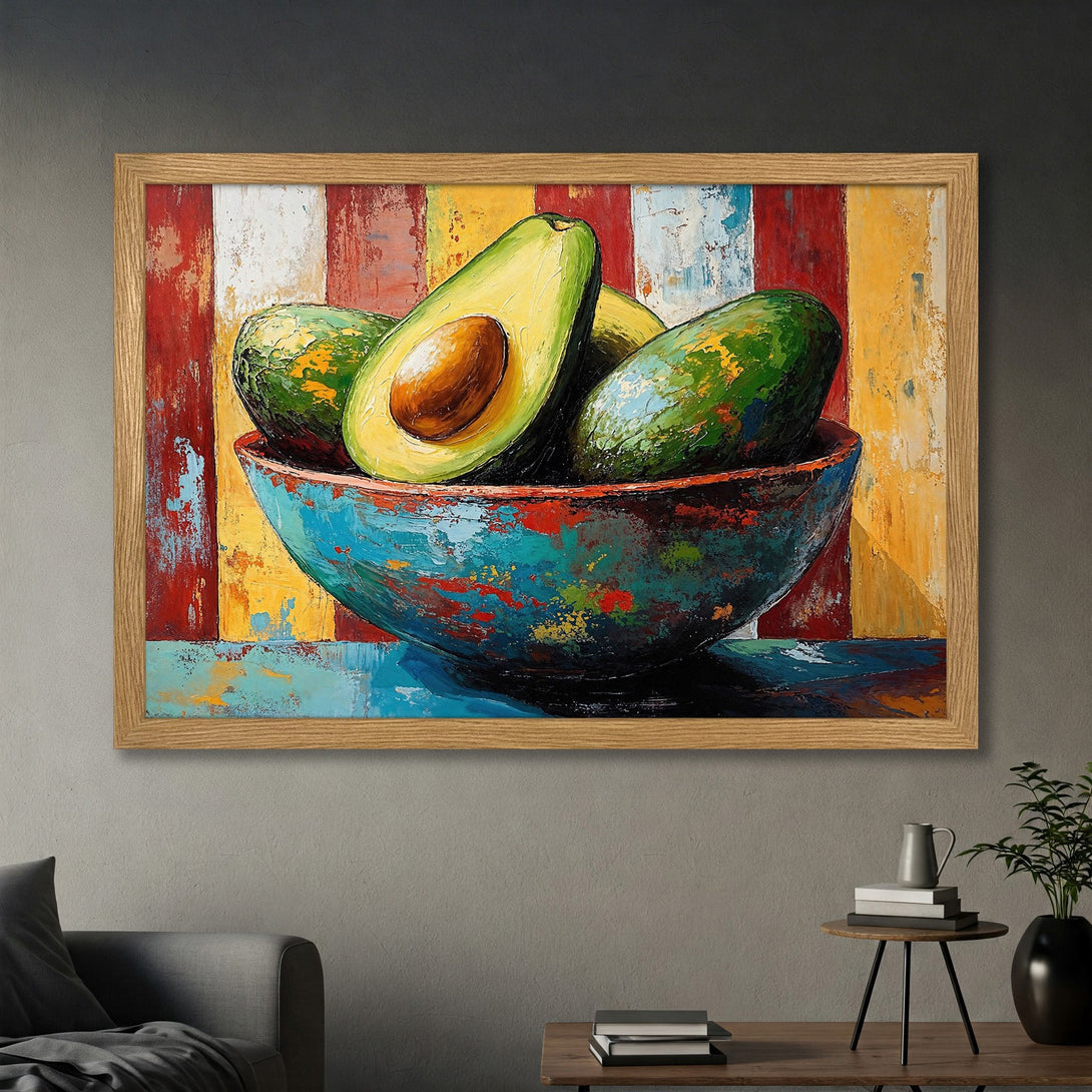 Framed Poster featuring an avocado still life, vibrant colors, and a textured, artistic style. Perfect wall art!