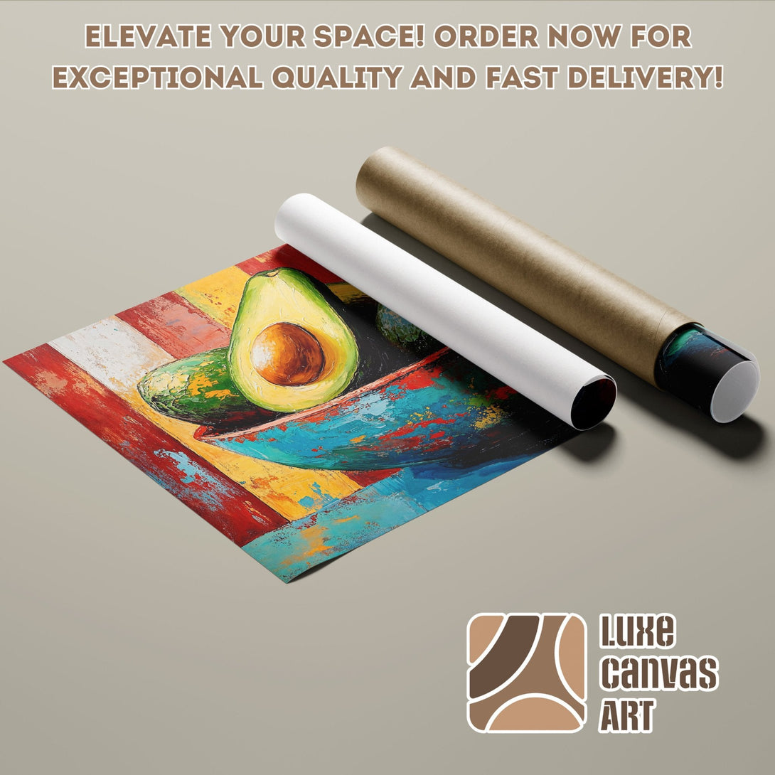 Avocado art poster roll, vibrant colors, abstract style. Elevate your space!