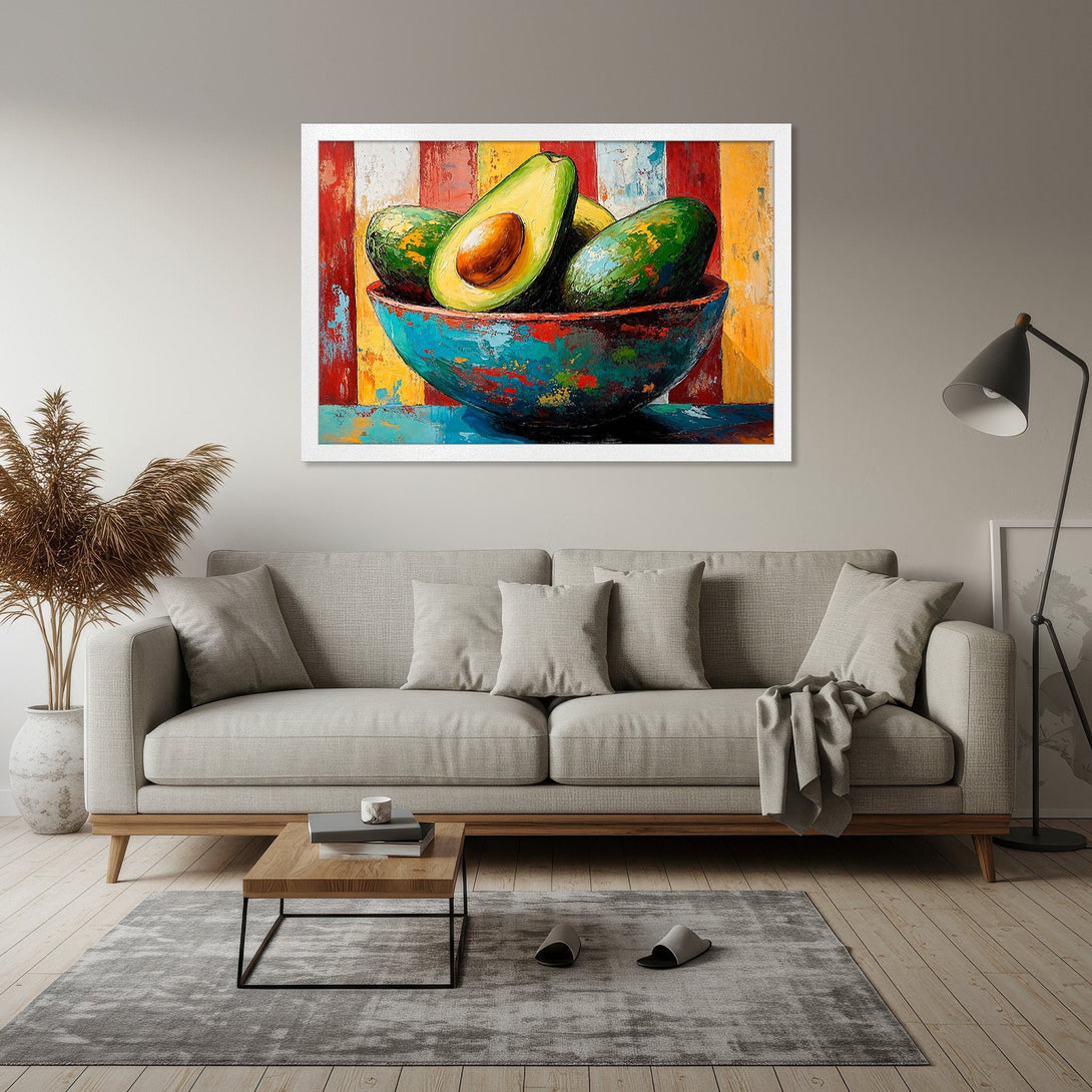 Framed Poster of avocados in a bowl, vibrant colors. Modern art style with a colorful palette for kitchen or dining decor.