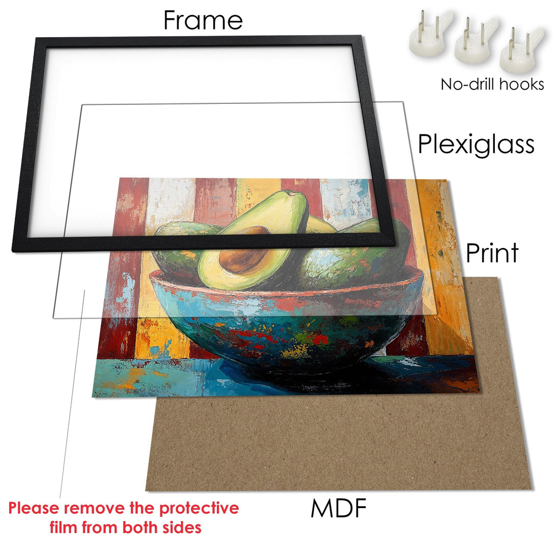 Framed Poster featuring a vibrant avocado still life, impressionistic style, with a colorful palette of blues, greens, and reds.