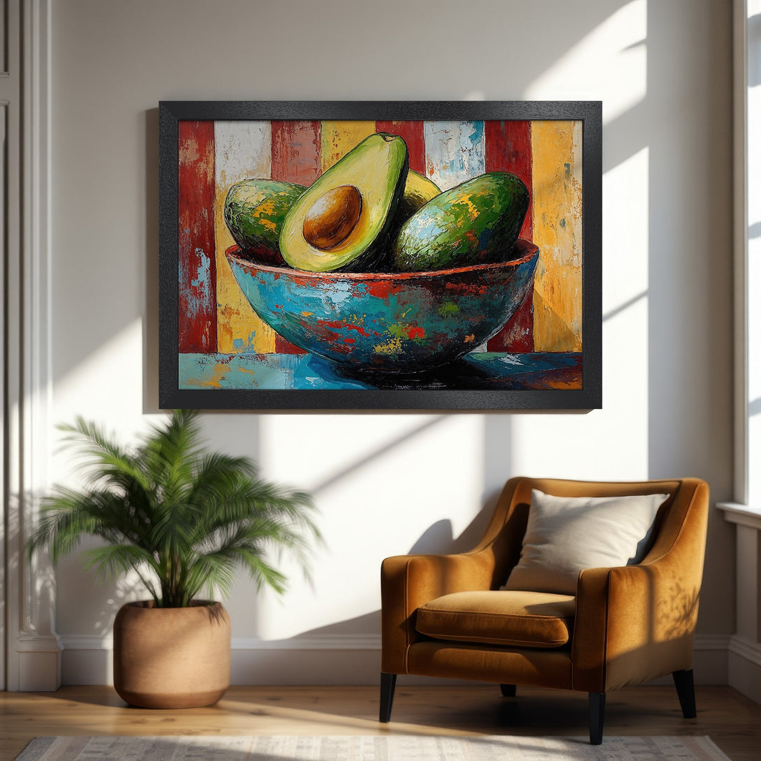 Framed Poster featuring a vibrant avocado still life in an impressionistic style with a colorful palette. Perfect kitchen decor!