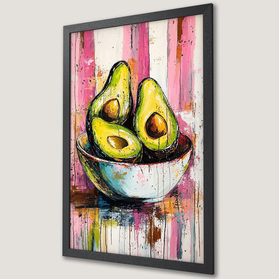 Framed Poster: Abstract avocado art in vibrant pink, green, and yellow hues. Modern style, perfect kitchen decor.