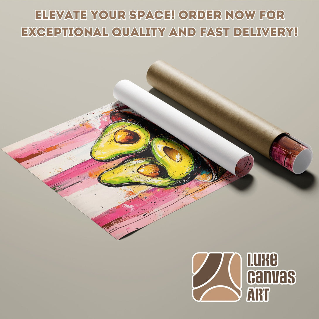 Avocado art poster roll, modern style, vibrant pink & green palette. Elevate your space with this unique Poster!