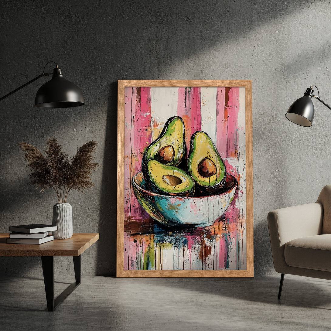 Framed Poster featuring avocado art in a modern, colorful style. Pink, green, and blue hues create a vibrant, eye-catching print.