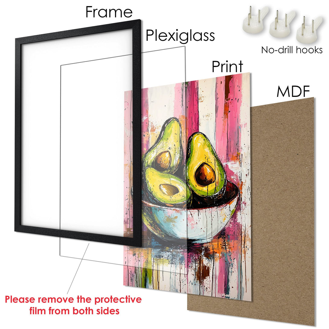 Framed Poster featuring vibrant avocado art. Modern, colorful style with pink, green, and yellow hues. Perfect kitchen decor!