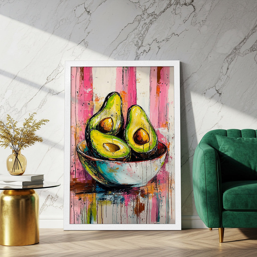 Framed Poster featuring vibrant avocado art in an abstract style with a pink, green, and yellow color palette. Perfect kitchen decor!