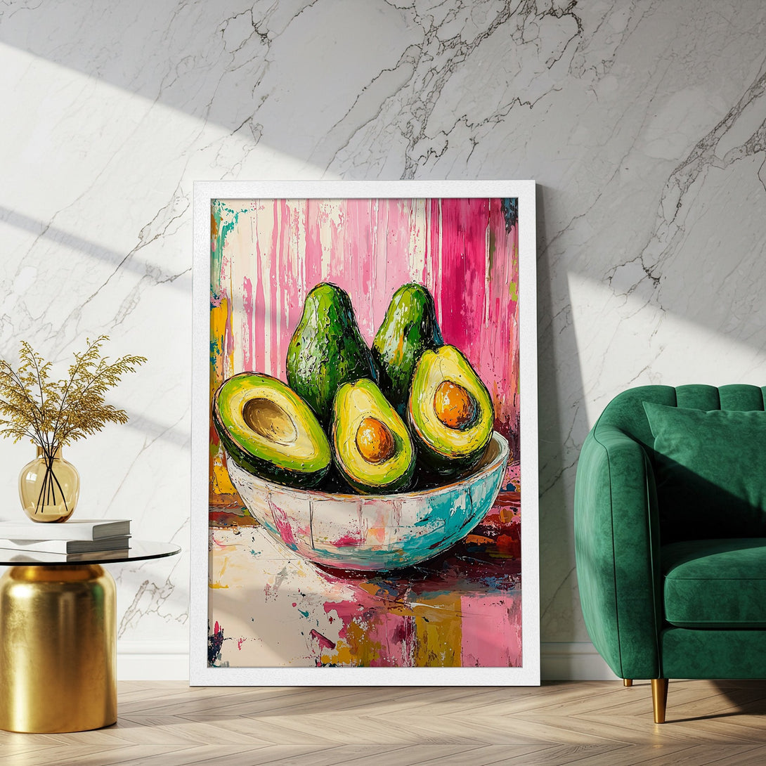 Framed Poster featuring vibrant avocado art in a colorful, abstract style. Green, pink, and yellow hues create a modern, eye-catching design.