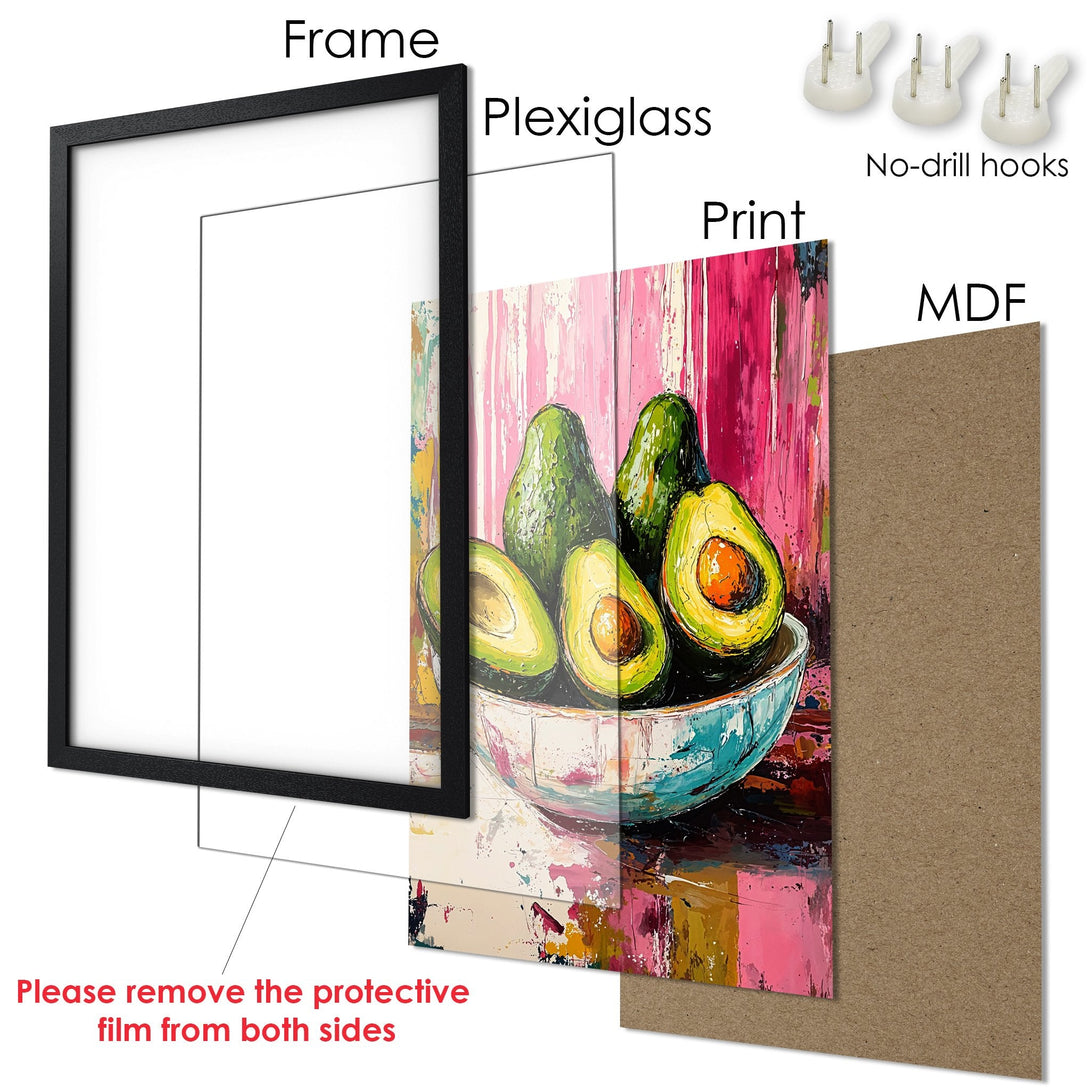 Framed Poster featuring an avocado still life in vibrant colors. Modern art style with pink, green, and yellow hues. Perfect kitchen decor!