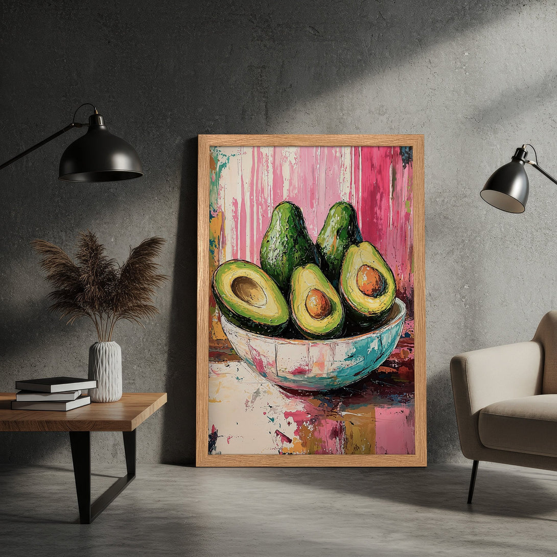 Framed Poster featuring an avocado still life in a vibrant, abstract style with a pink, green, and teal color palette. Perfect wall art!