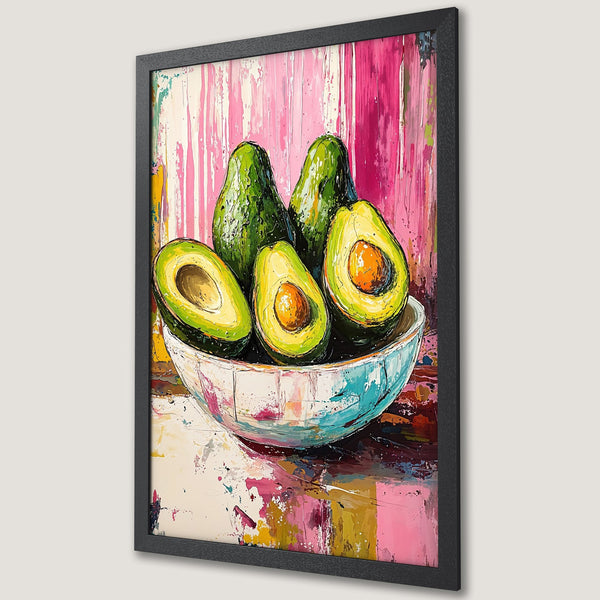 Framed Poster of vibrant avocado painting. Abstract style with pink, green, and yellow color palette. Perfect kitchen decor!