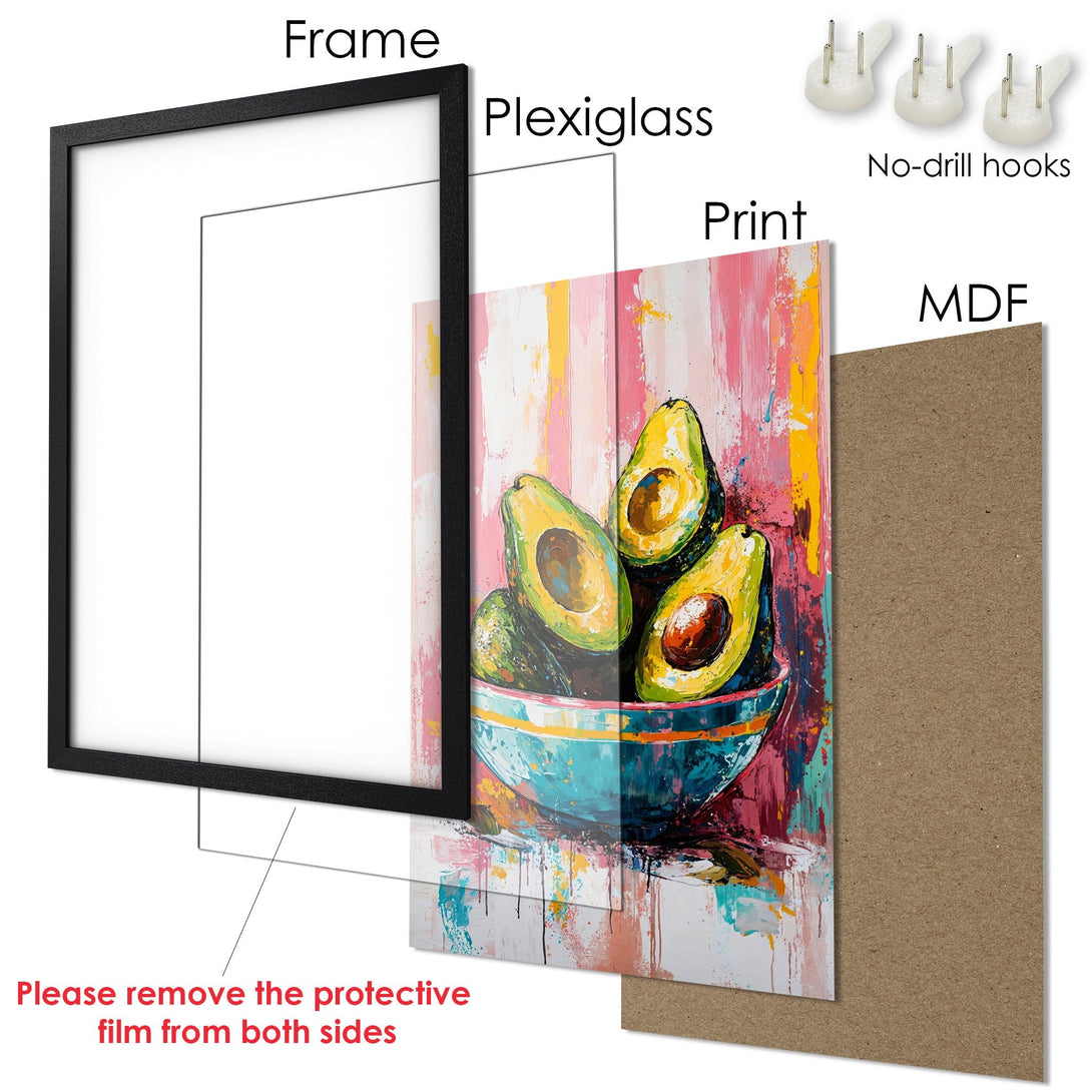 Framed Poster featuring vibrant avocado art in an abstract style with a colorful palette. Perfect kitchen decor!