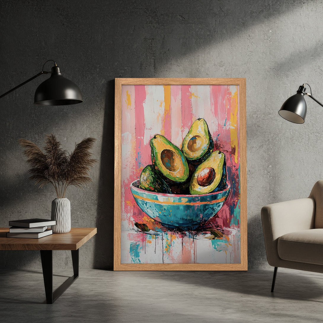 Framed Poster featuring vibrant avocado painting in a modern, abstract style. Pink, teal, and yellow color palette. Perfect wall art!