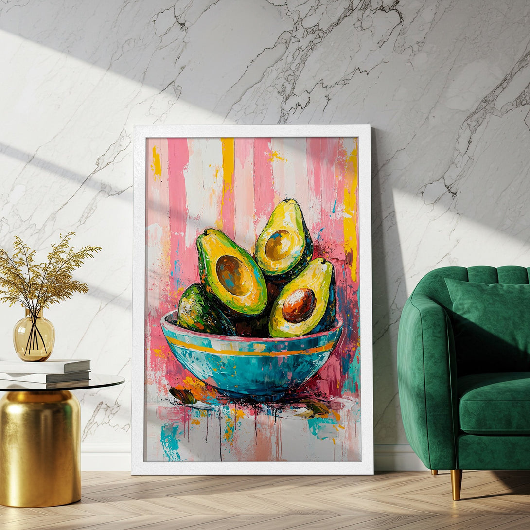 Framed Poster featuring vibrant avocado art in a modern, colorful style. Perfect kitchen decor!
