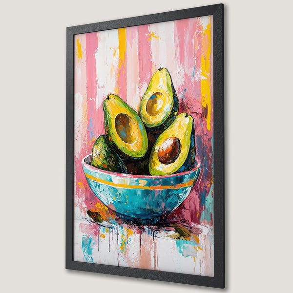 Framed Poster featuring vibrant avocado art in a modern, colorful style. Pink, yellow, and teal hues create a stylish kitchen decor piece.