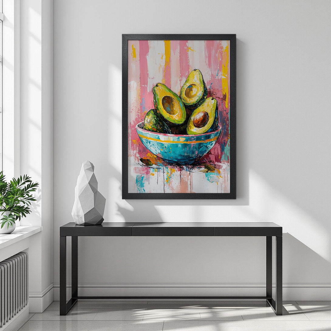 Framed Poster of avocados in a bowl, vibrant abstract art with pink, yellow, and teal color palette. Add a pop of color to your home!