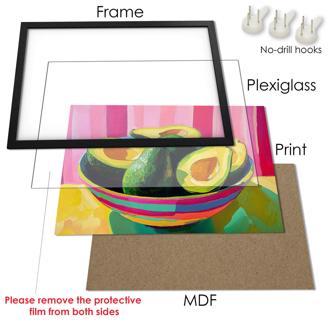 Framed Poster featuring vibrant avocado art with a colorful palette, perfect for kitchen decor.