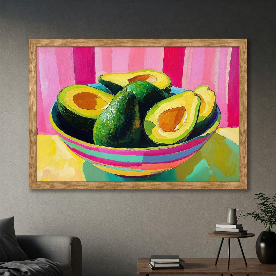 Framed Poster featuring vibrant avocado art in a colorful, modern style. Pink, green, and yellow palette. Perfect wall decor!