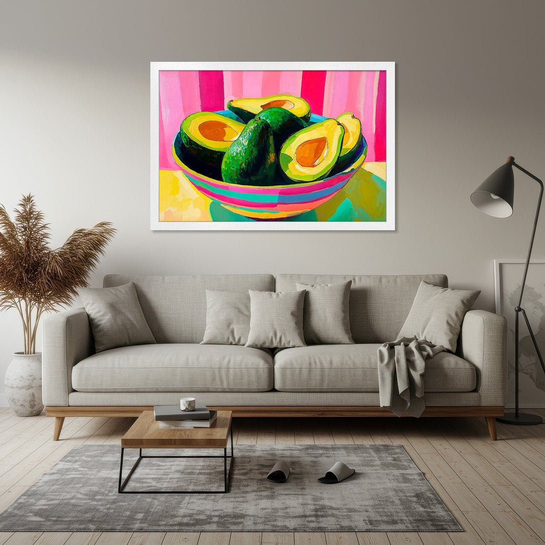 Framed Poster of vibrant avocados in a bowl, colorful pop art style. Bright green, yellow, pink, and blue color palette. Perfect wall art!