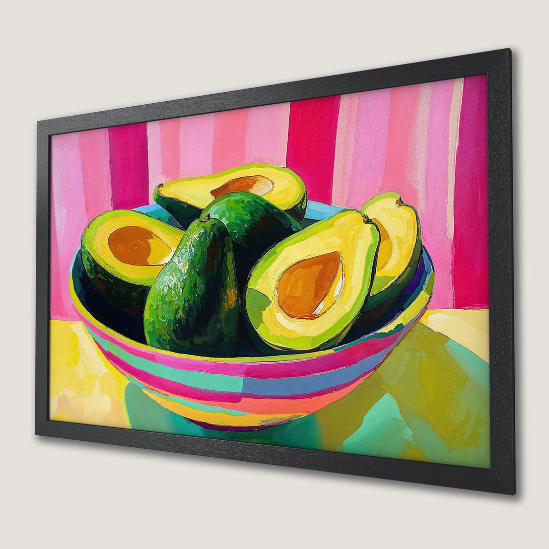 Framed Poster of vibrant avocado painting in a colorful style. Bright pinks, greens, and yellows. Perfect kitchen art!