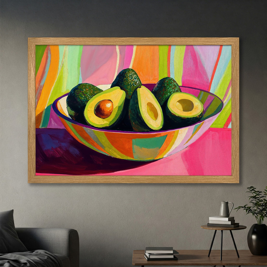 Framed Poster featuring vibrant avocado art in a colorful, modern style with a pink, green, and orange palette. Perfect kitchen decor!
