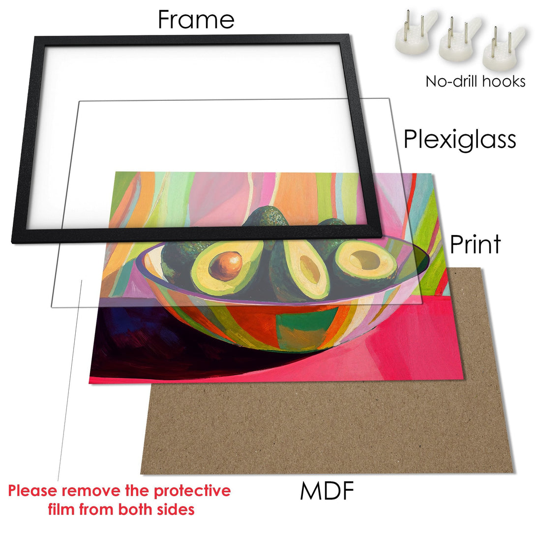 Framed Poster featuring an avocado still life, vibrant and colorful abstract style, perfect for kitchen decor.