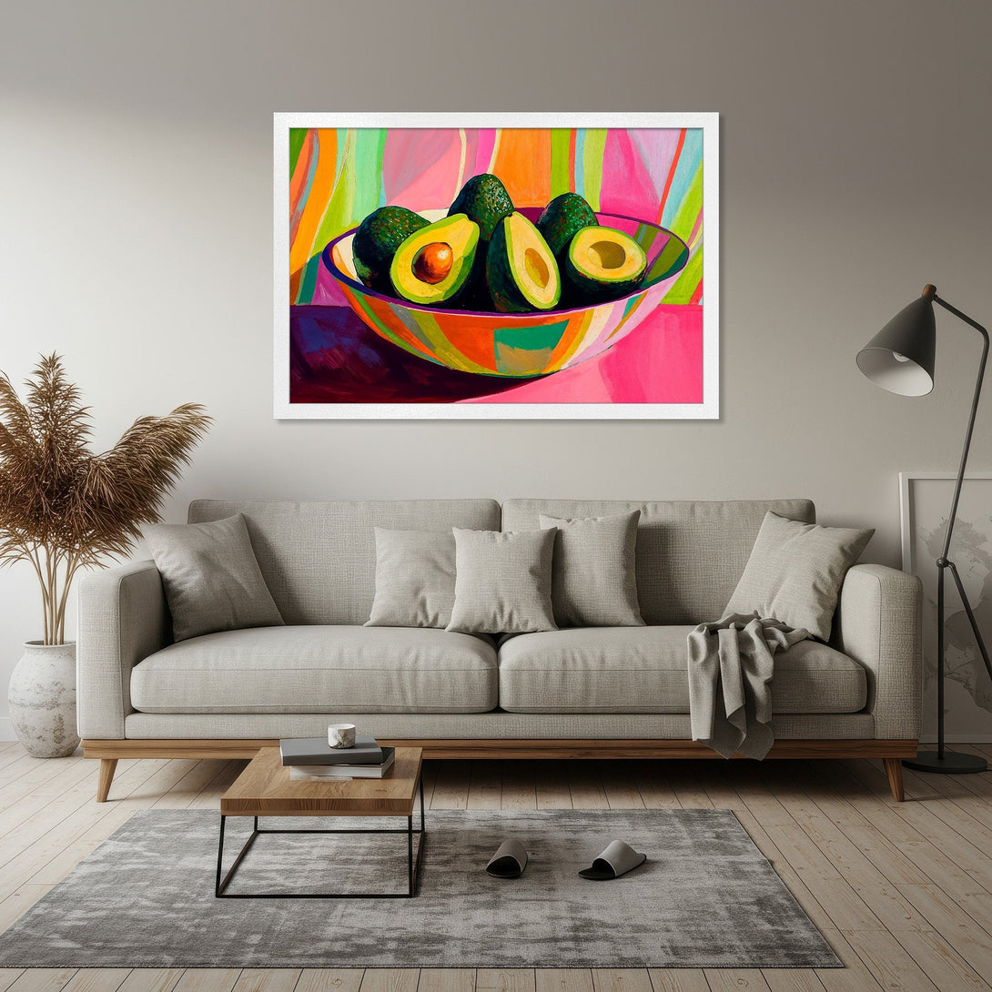 Framed Poster of colorful avocado still life, vibrant pop art style, featuring pink, green, and orange hues. Perfect kitchen decor!