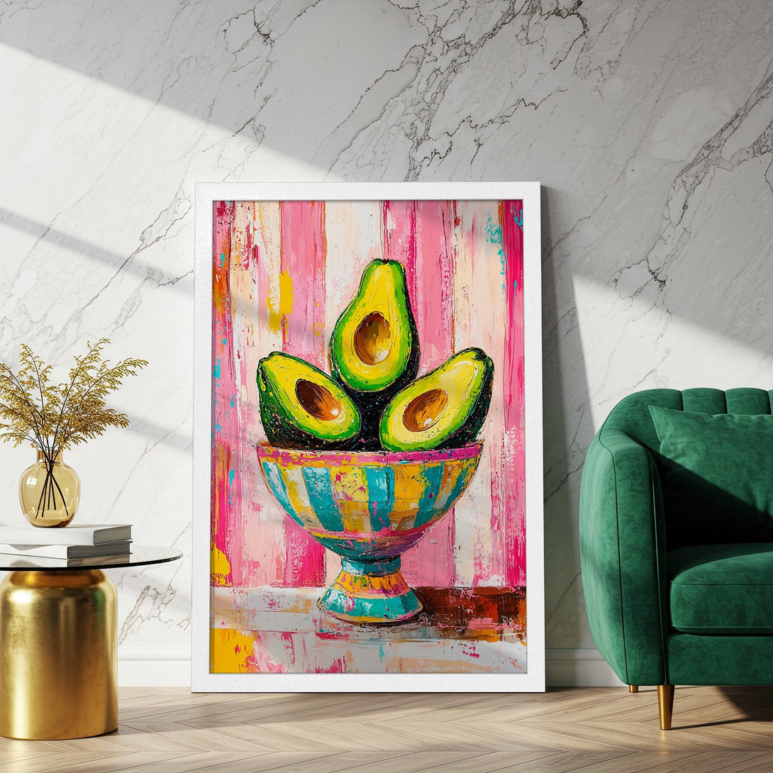 Framed Poster featuring vibrant avocado still life in a colorful, abstract style. Pink, green, and yellow palette adds a pop of art to any space!