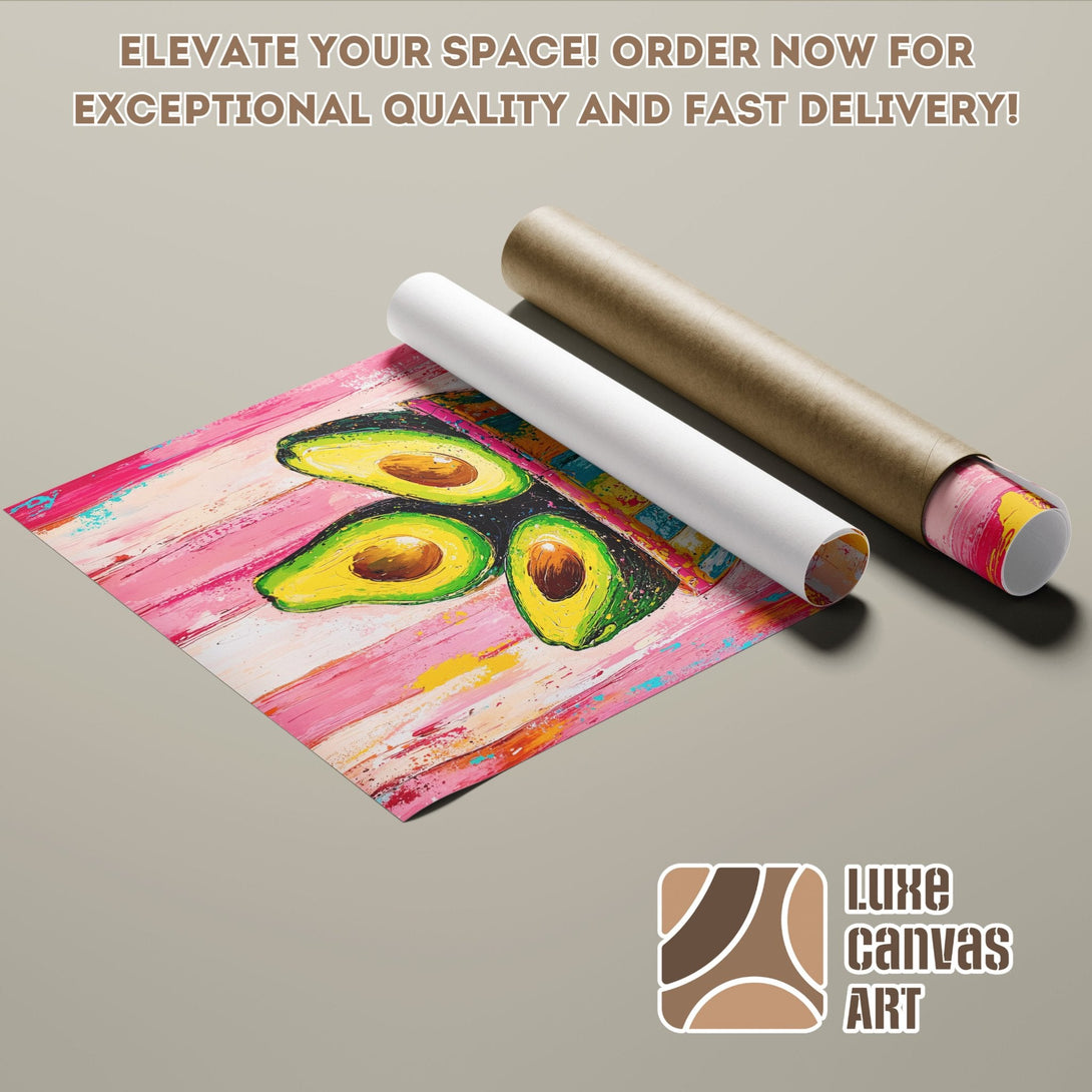 Avocado art poster roll, vibrant pink, yellow, and green abstract painting. Elevate your space!