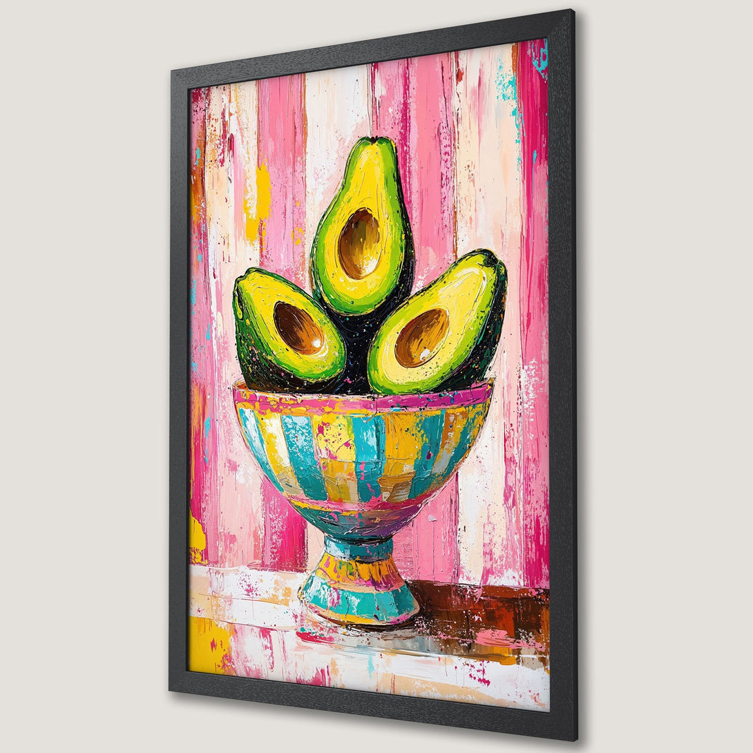 Framed Poster: Abstract avocado art with vibrant pink, yellow, and green palette. Modern, stylish wall decor. Perfect for kitchen or dining room.