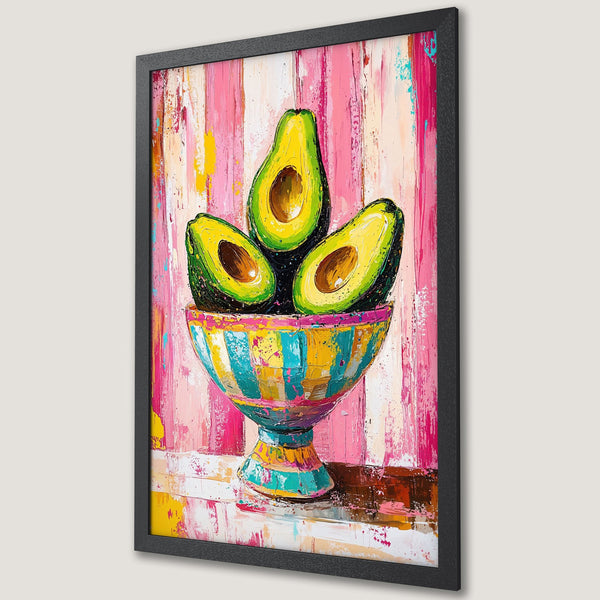 Framed Poster: Abstract avocado art with vibrant pink, yellow, and green palette. Modern, stylish wall decor. Perfect for kitchen or dining room.