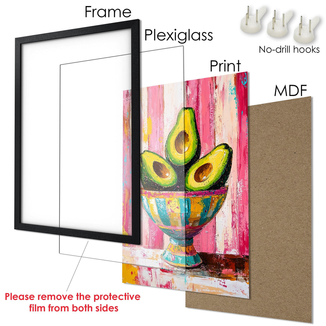 Framed Poster featuring vibrant avocado art in a colorful, modern style. Pink, green, and yellow color palette. Perfect wall decor!