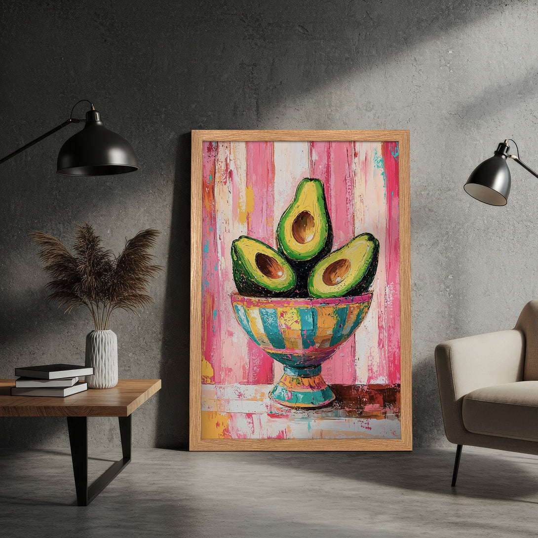 Framed Poster featuring an avocado still life in colorful, abstract style. Pink, green, and turquoise hues. Perfect wall art!