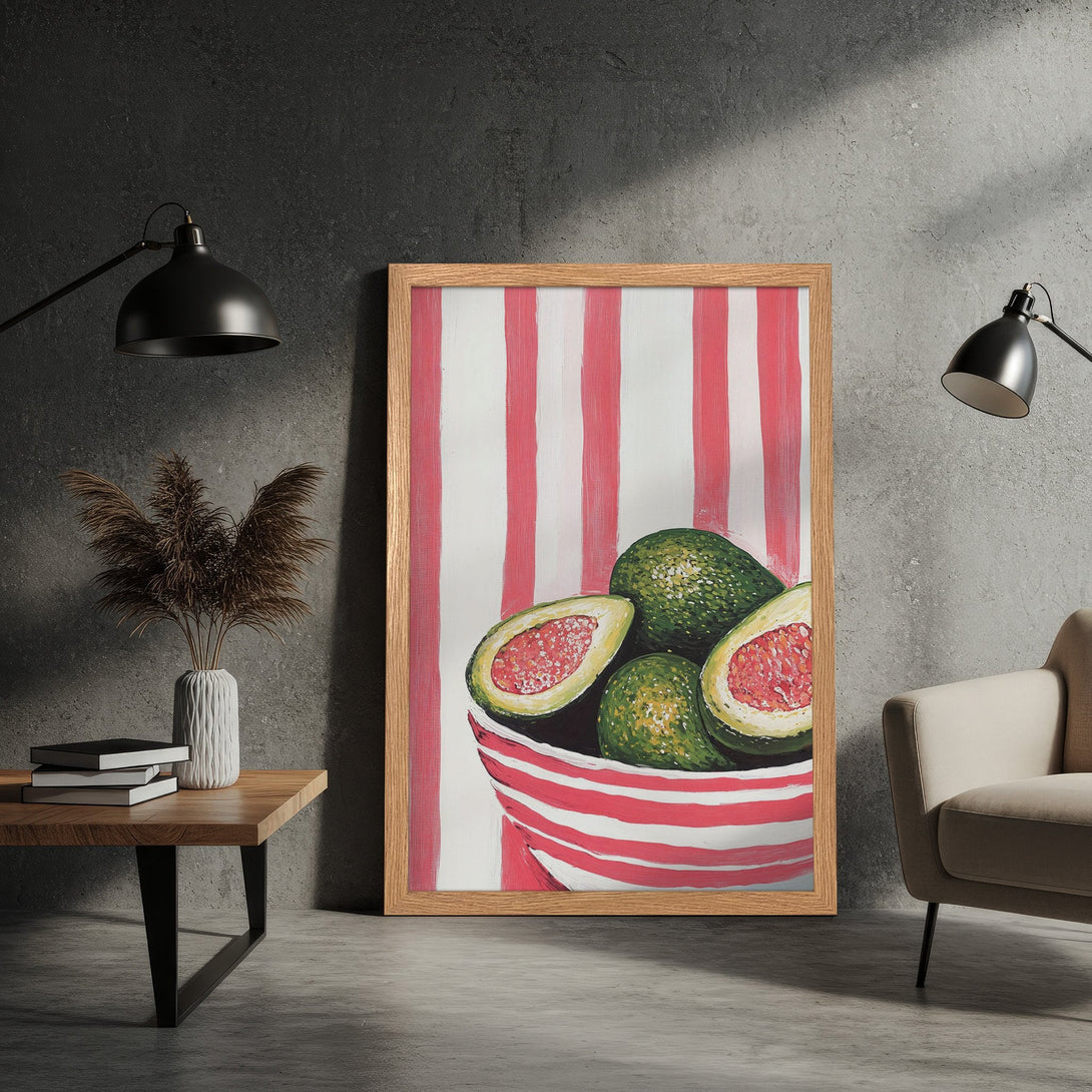 Framed Poster featuring a vibrant still life of avocados. Modern, artistic style with a red, green, and white color palette. Perfect wall art!