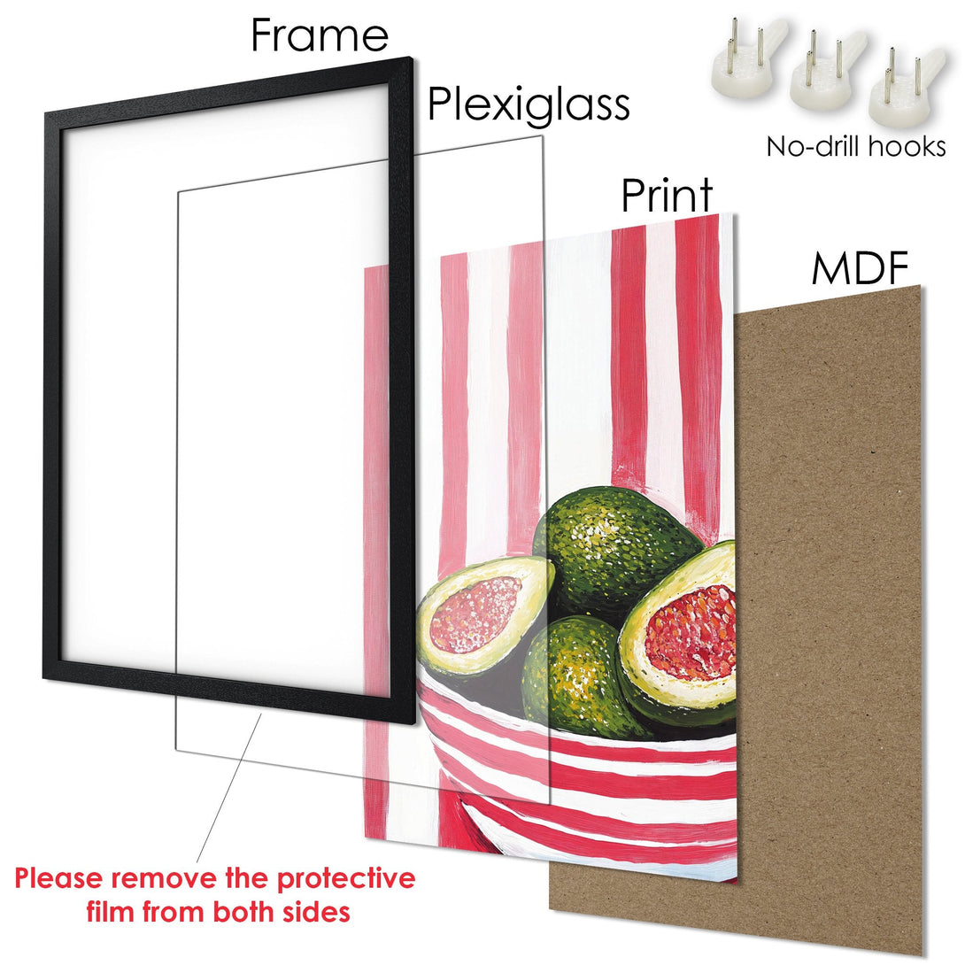 Framed Poster featuring an avocado still life in a modern style with a red and white color palette. Ready to hang!