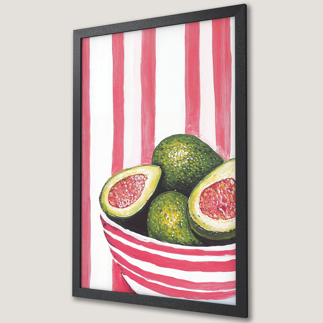 Framed Poster featuring a vibrant avocado still life with a red and white striped background. Modern art style, green and red color palette.