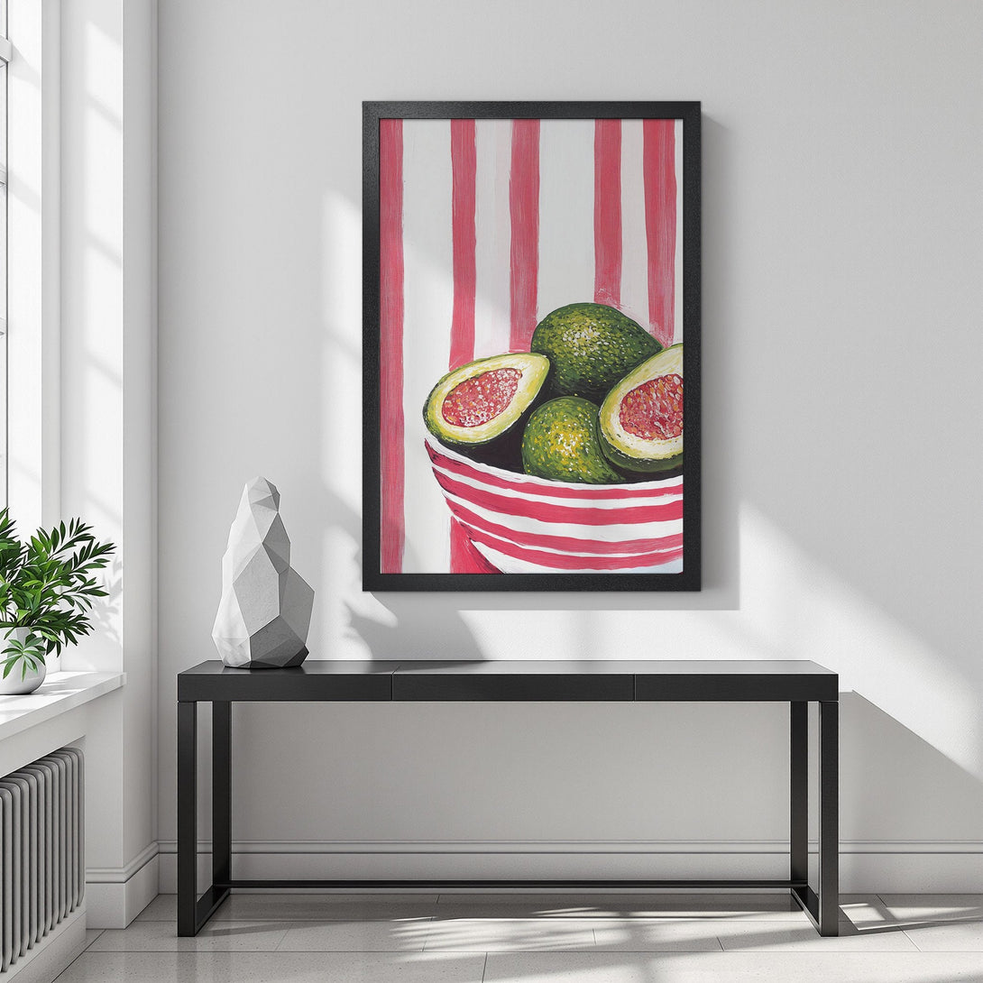 Framed Poster featuring vibrant avocado still life art. Modern style with a red, green, and white color palette. Perfect wall decor!