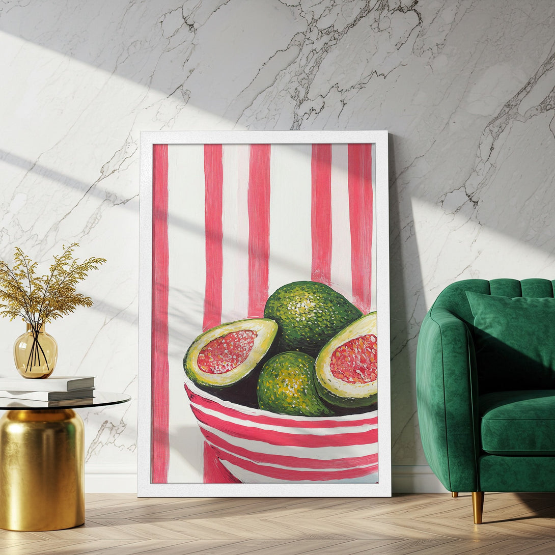Framed Poster featuring a vibrant avocado still life painting. Bold, colorful artwork with a red, green, and white palette. Perfect for kitchen decor!