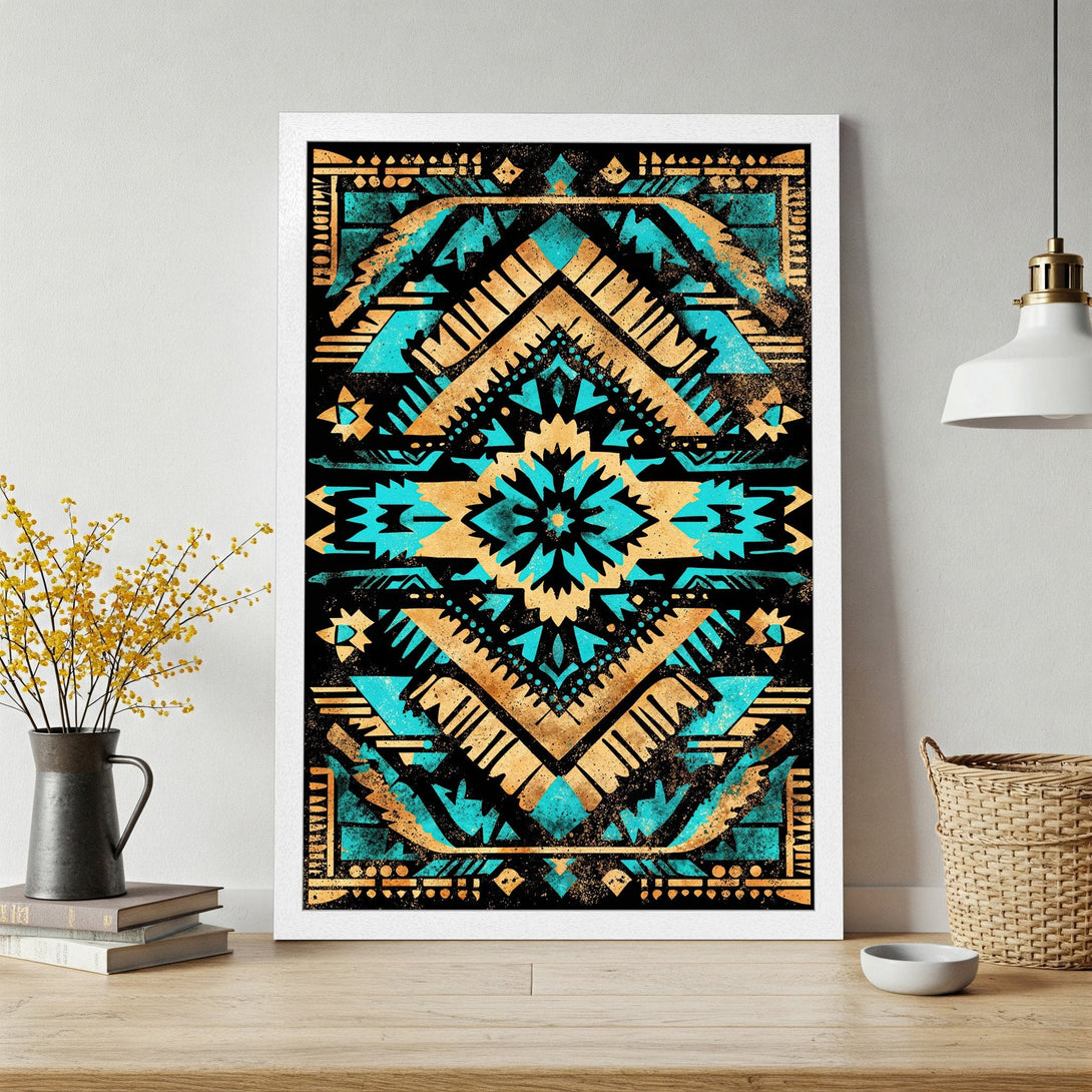 Framed Poster featuring a vibrant geometric design in teal, gold, and black. Perfect art for your home decor!