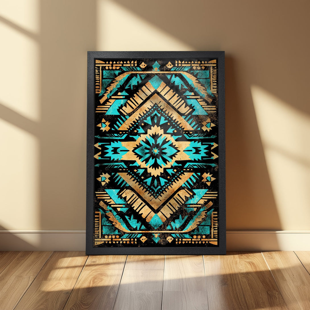 Framed Poster featuring a geometric tribal design in teal, gold, and black. Perfect wall art for a modern home.